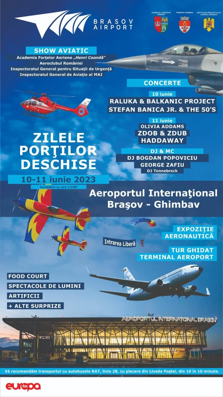 Afișul evenimentului Zilele Porților Deschise la Aeroportul Internațional Brașov-Ghimbav 2023