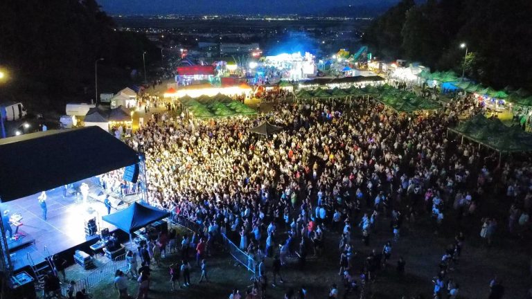 Imagine de sus cu scena și publicul la un concert în aer liber, seara
